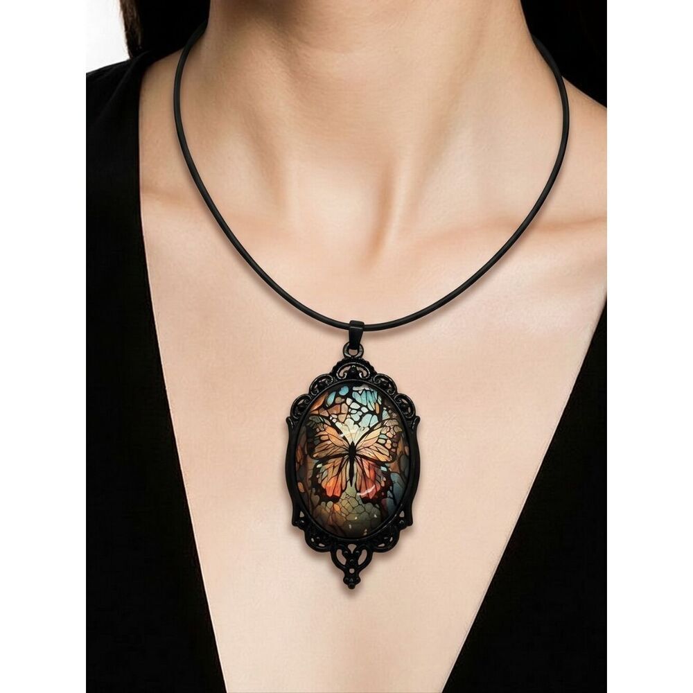 Butterfly Portrait Cabochon Black Glass Dome Victorian Necklace Bohemian Cottage